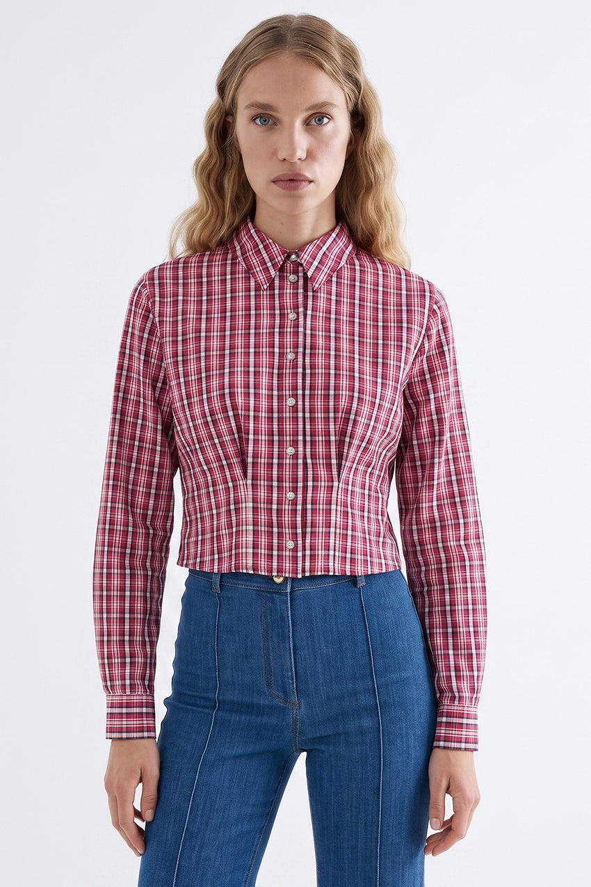 Collared Long Sleeve Shirt with Pleated Waist - MULTICOLOR