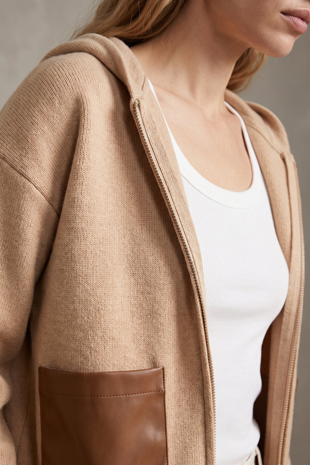 Leather Trim Hooded Knit Cardigan - CAMEL