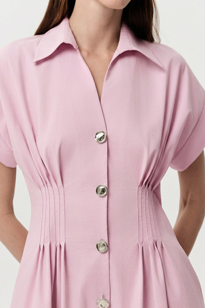 Shirt Collar Elastic Waist Pocket Midi Dress - PINK