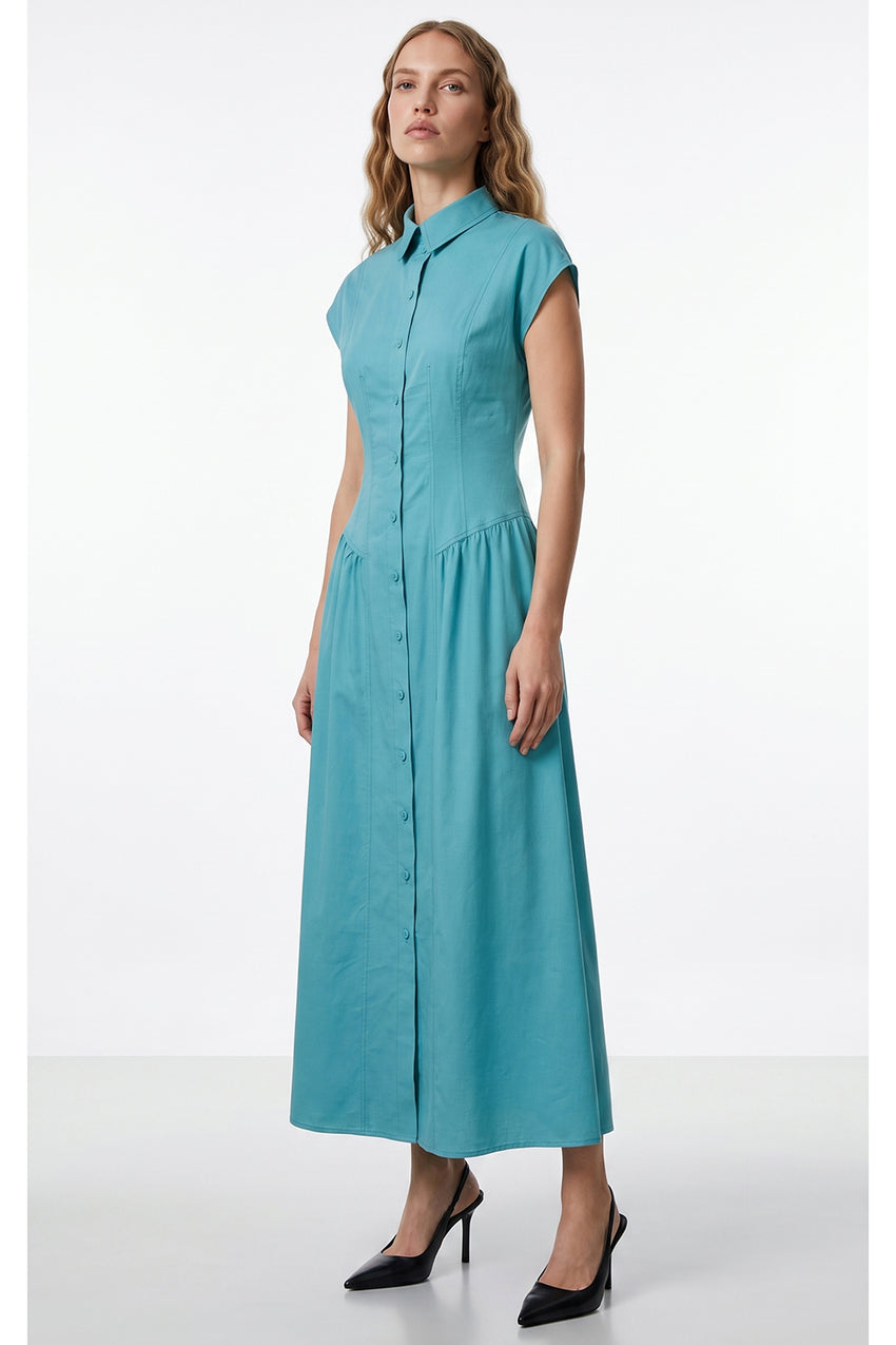 Dropped Sleeve Fitted Midi Dress - BLUE