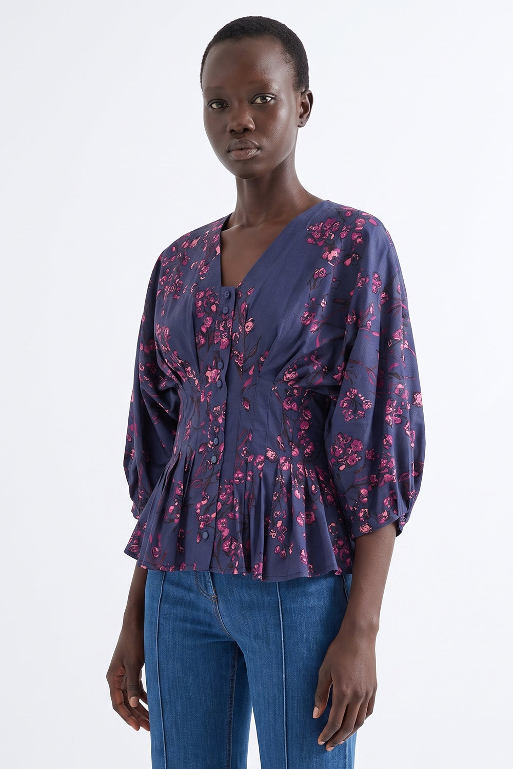 Fitted Pleated Raglan Sleeve Shirt - MULTICOLOR