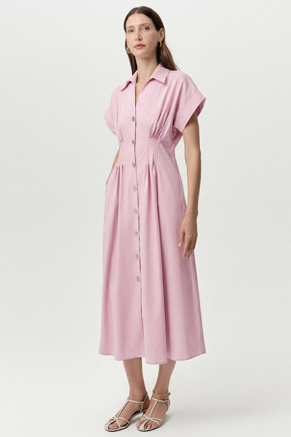 Shirt Collar Elastic Waist Pocket Midi Dress - PINK