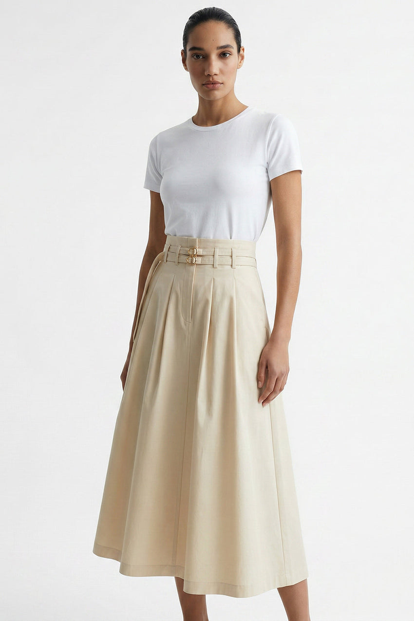 Belted High Waist Pleated Midi Skirt - CREAM