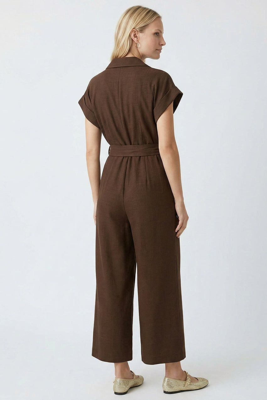 Shirt Collar Short Sleeve Pocket Belted Midi Jumpsuit - BROWN