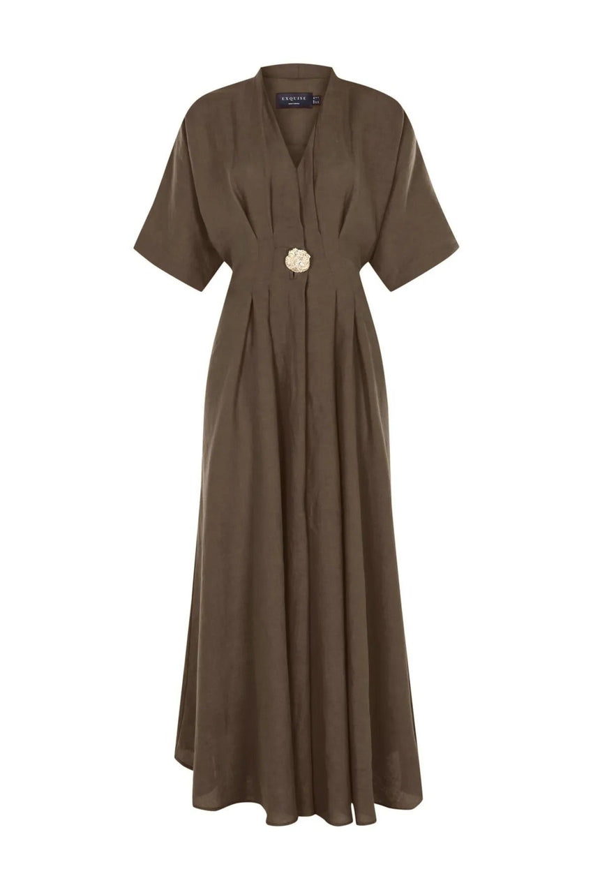 Fitted Waist A-Line Midi Linen Dress with Button Details
