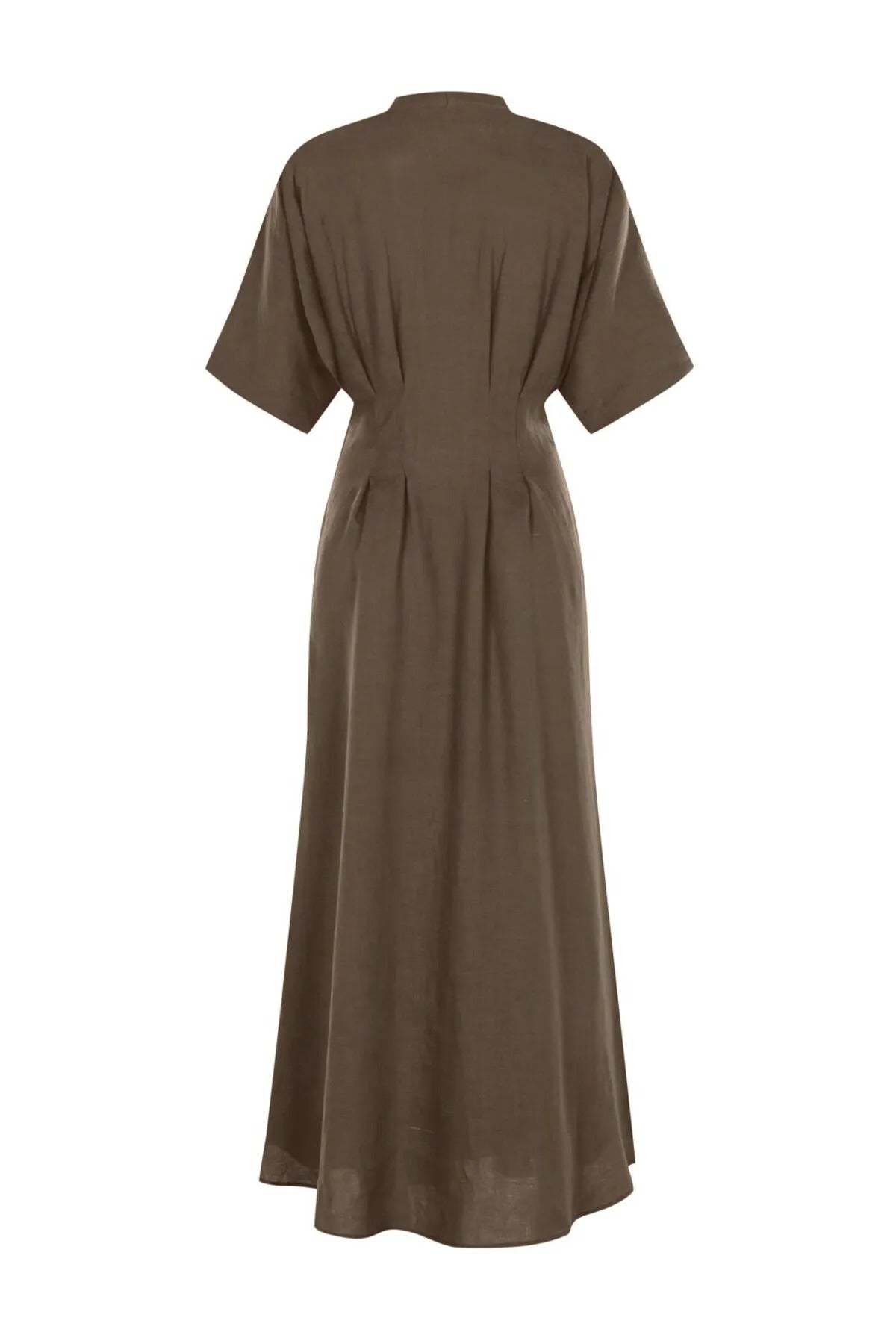 Fitted Waist A-Line Midi Linen Dress with Button Details