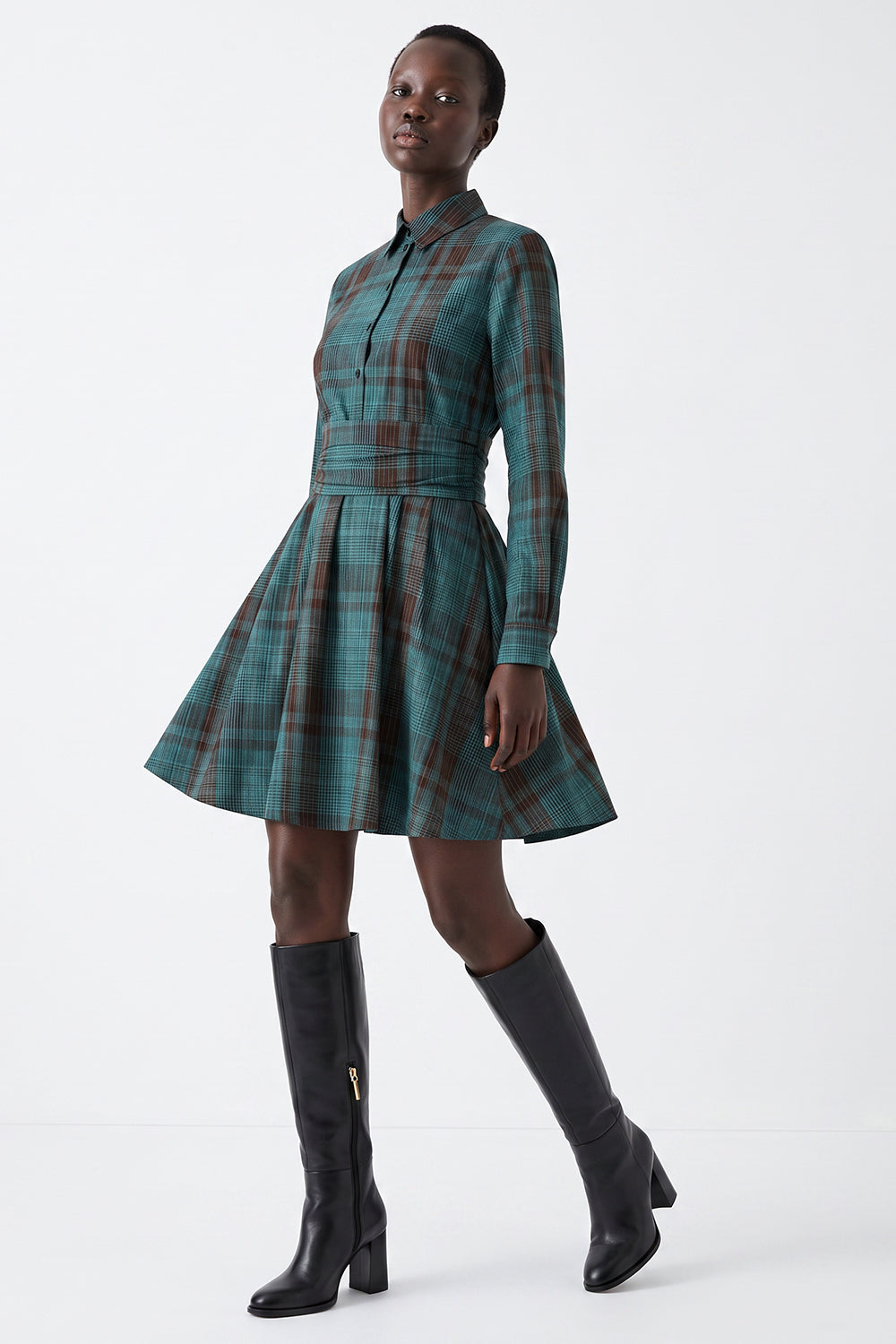 Long Sleeve Mini Dress with Waist Detail - MULTICOLOR