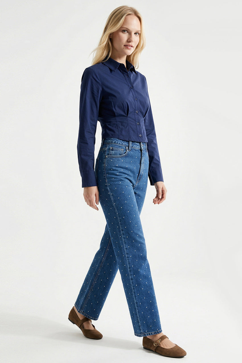 High Waisted Wide Leg Denim Jeans - INDIGO