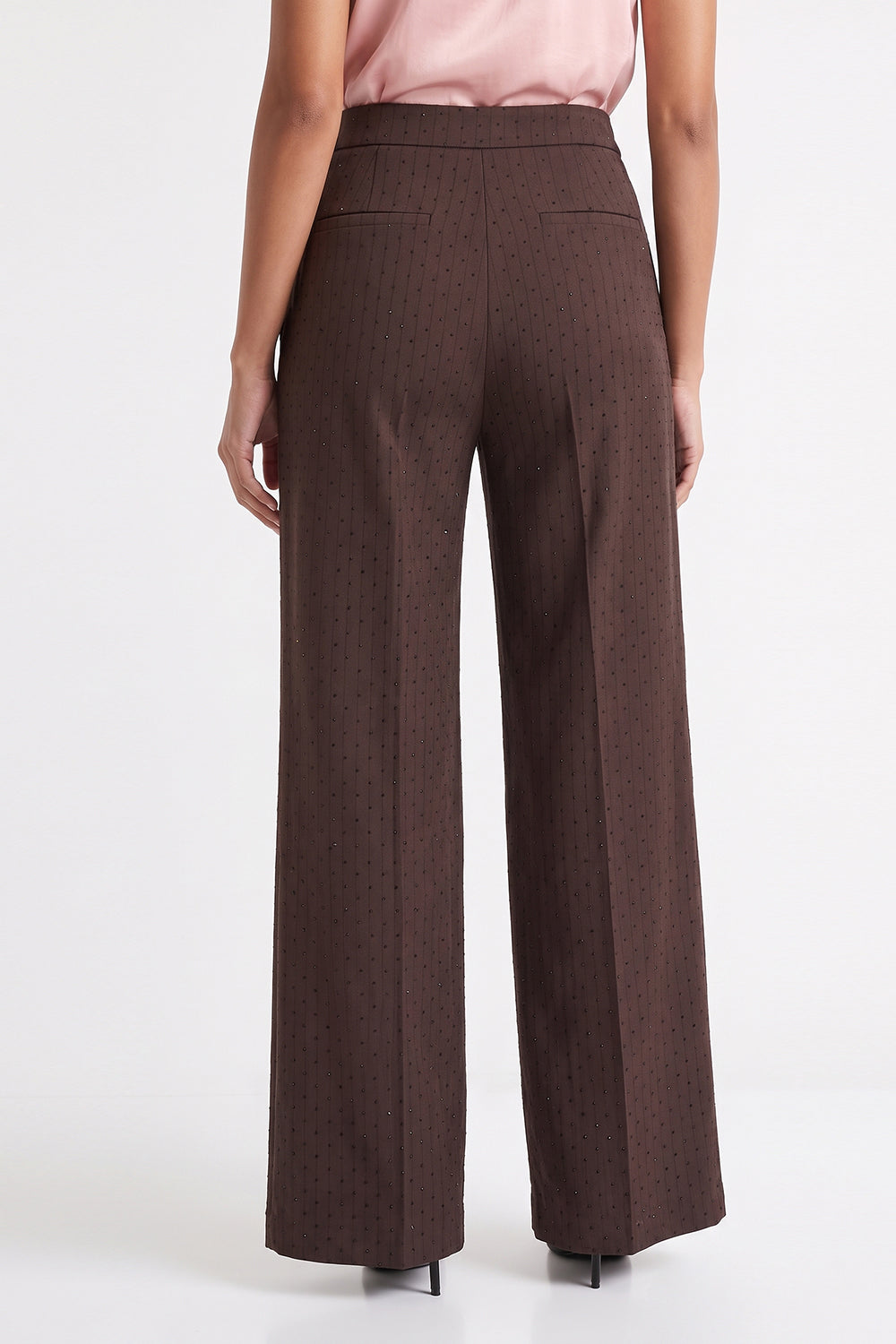 High Waisted Embellished Wide-Leg Trousers - BROWN