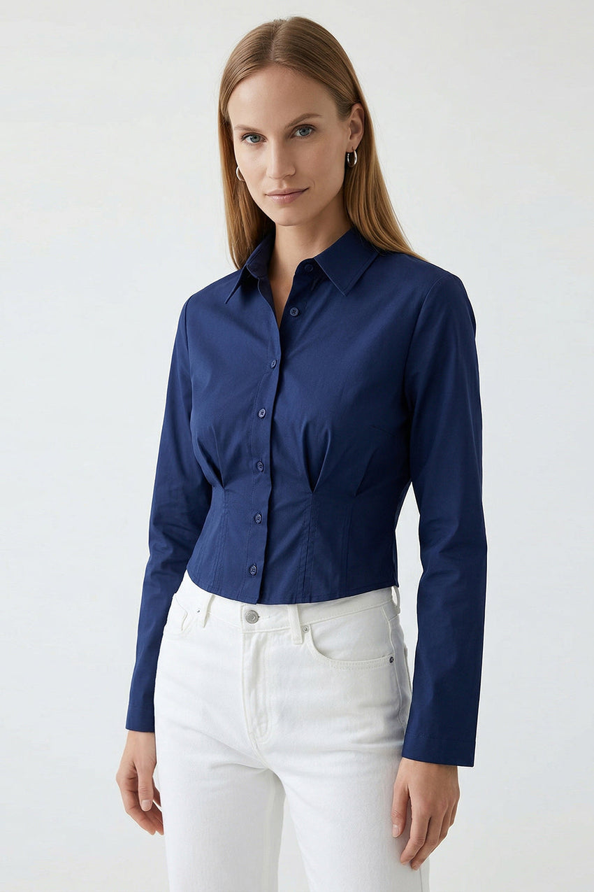 Felecia Long Sleeve Crop Shirt - NAVY BLUE
