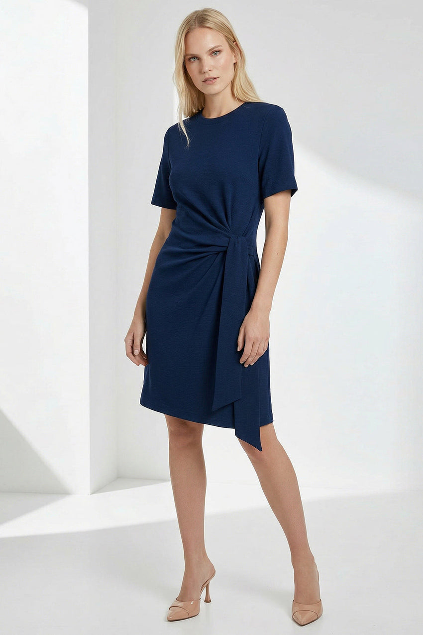 Round Neck Tie Waist Mini Knit Dress - NAVY BLUE