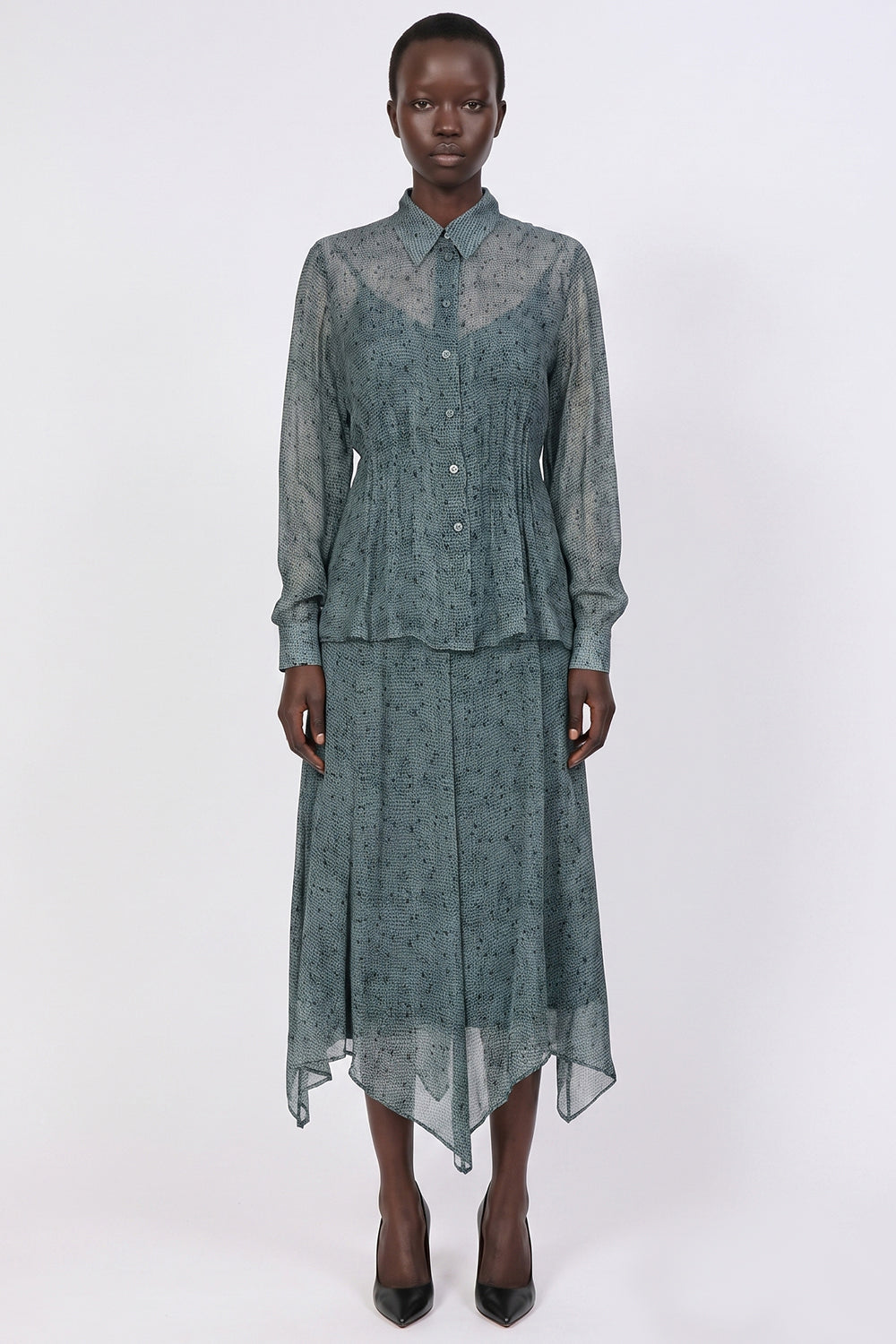 Lined Chiffon Shirt with Pintuck Waist Detail - MULTICOLOR