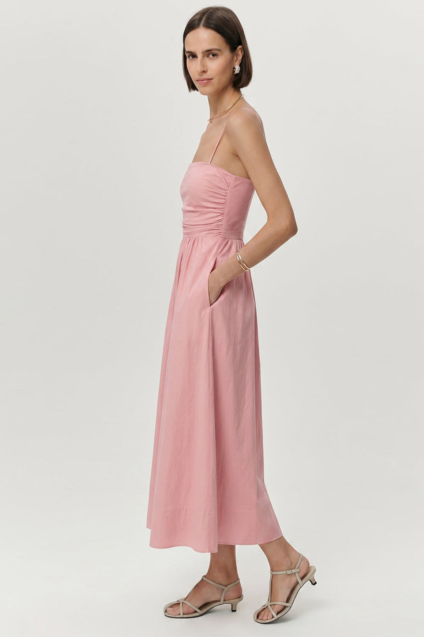 Spaghetti Strap Elastic Waist Pocket Midi Dress - PINK