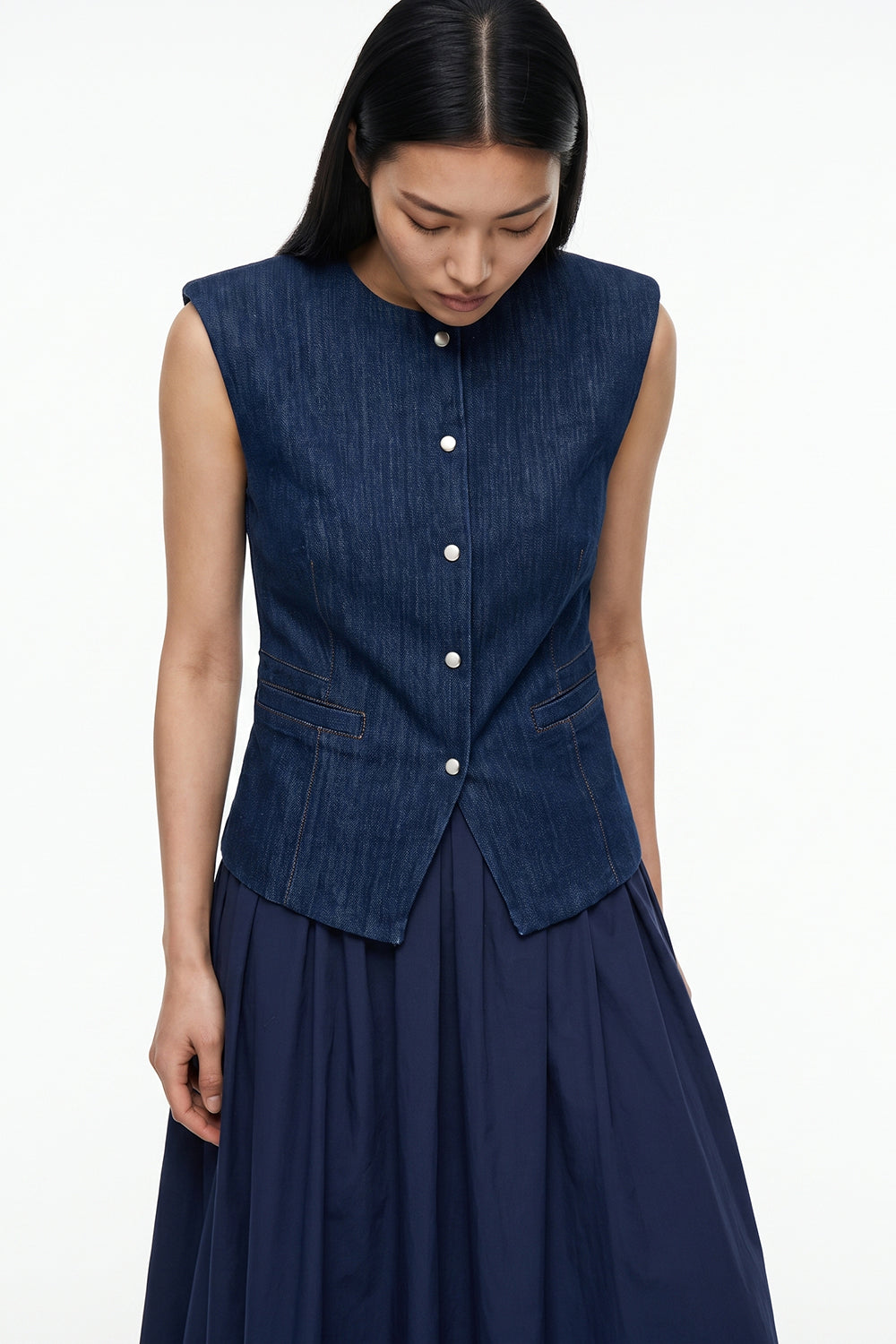 Denim Trim Zip-Front Midi Dress - BLUE