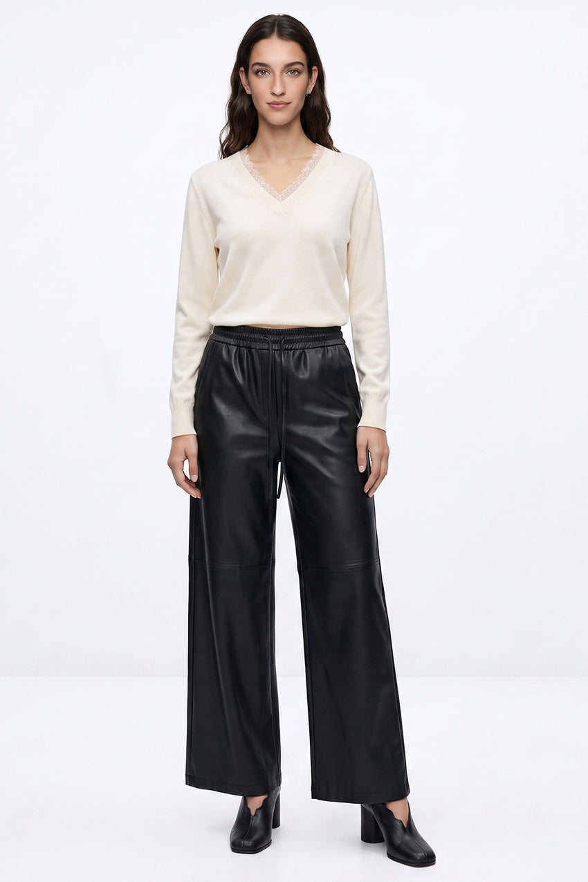 Faux Leather Wide-Leg Trousers with Elastic Waist - BLACK
