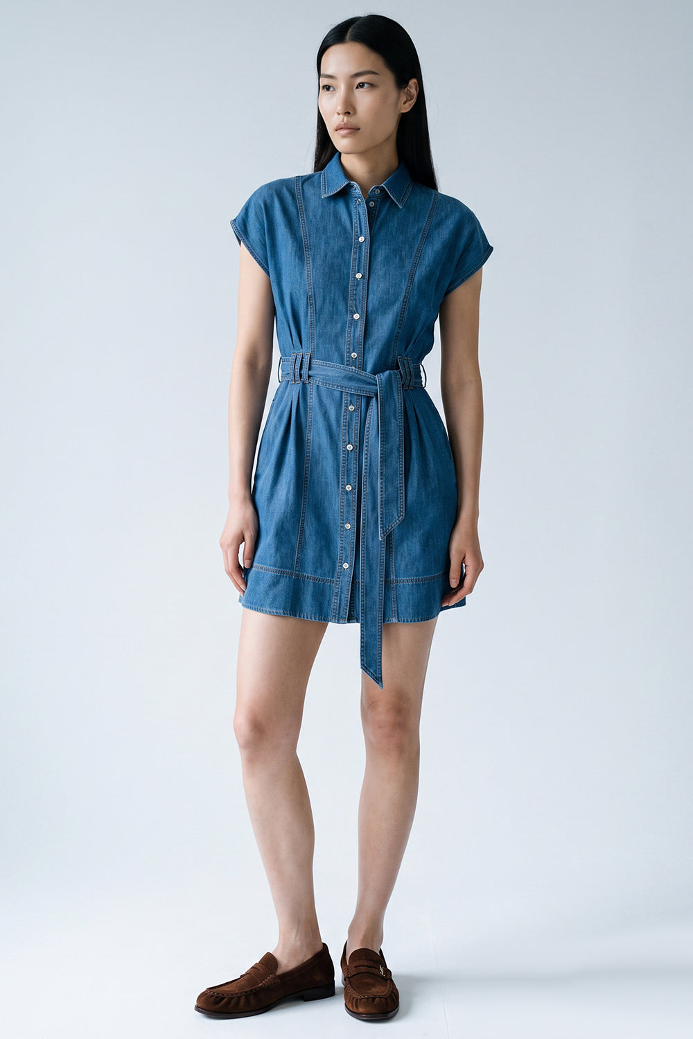 Short Sleeve Mini Dress with Pockets and Belt - INDIGO