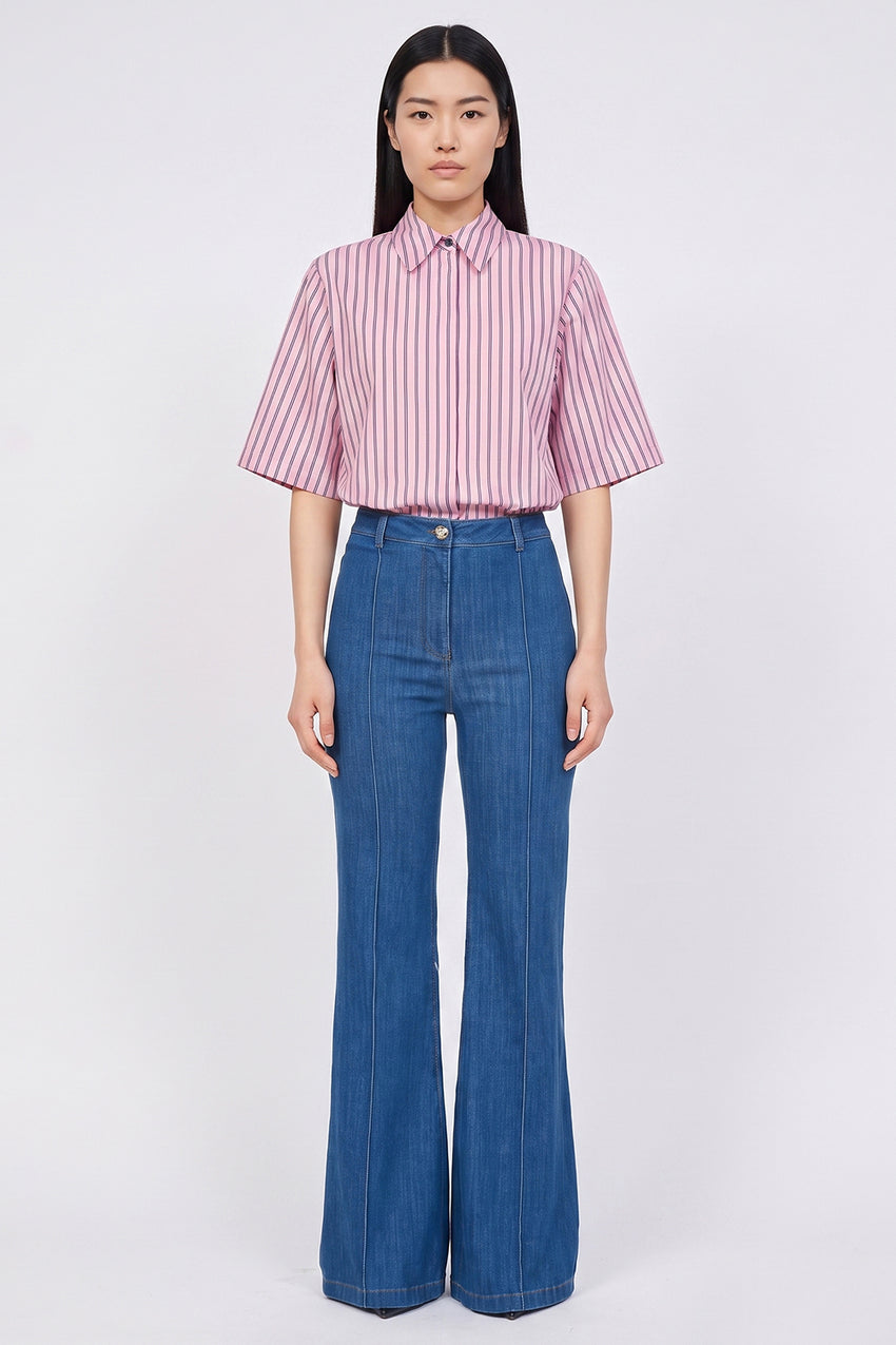 Short Sleeve Button Front Shirt with Concealed Placket - PINK NAVY BLUE