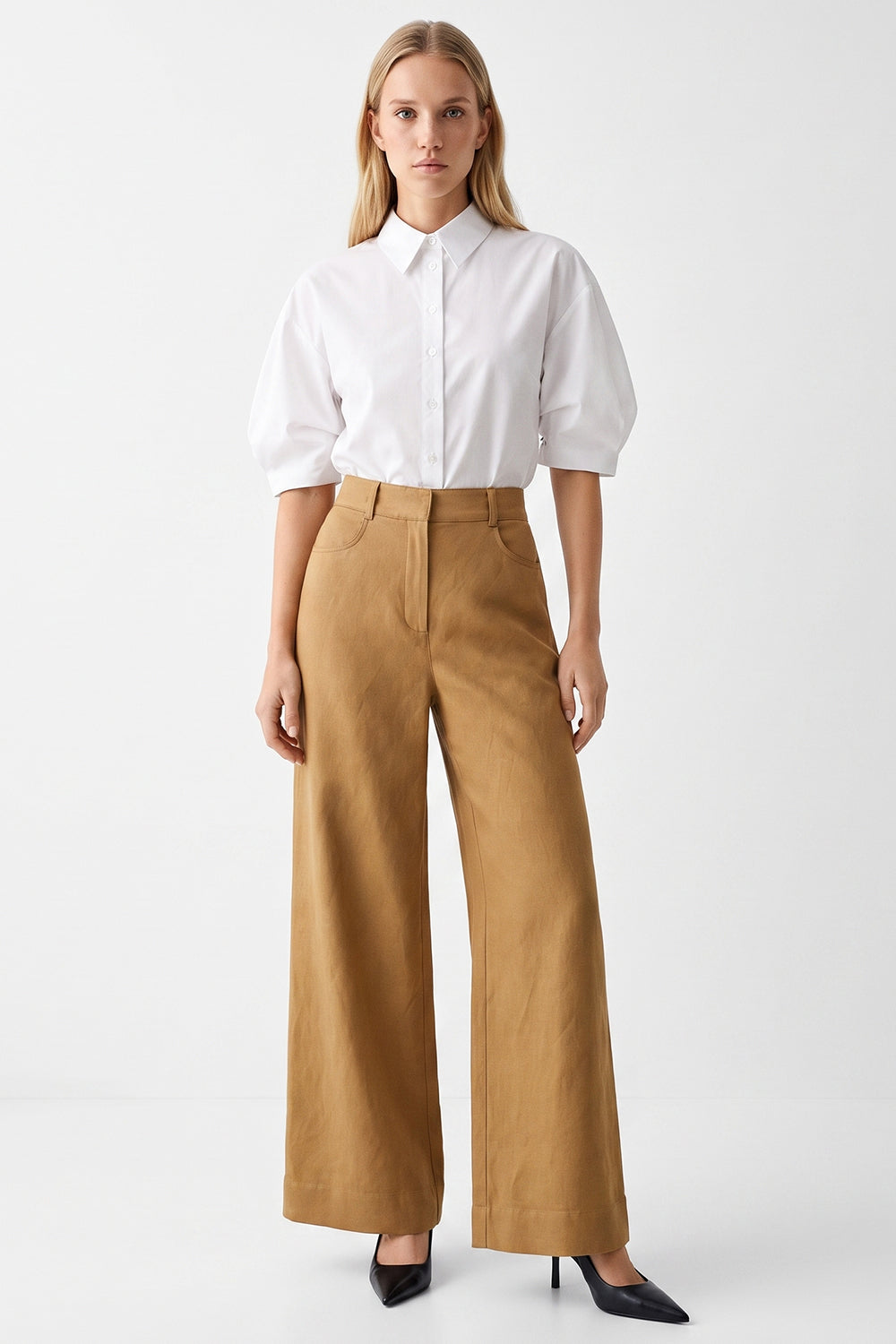 High-Waisted Wide Leg Linen Pants - CAMEL