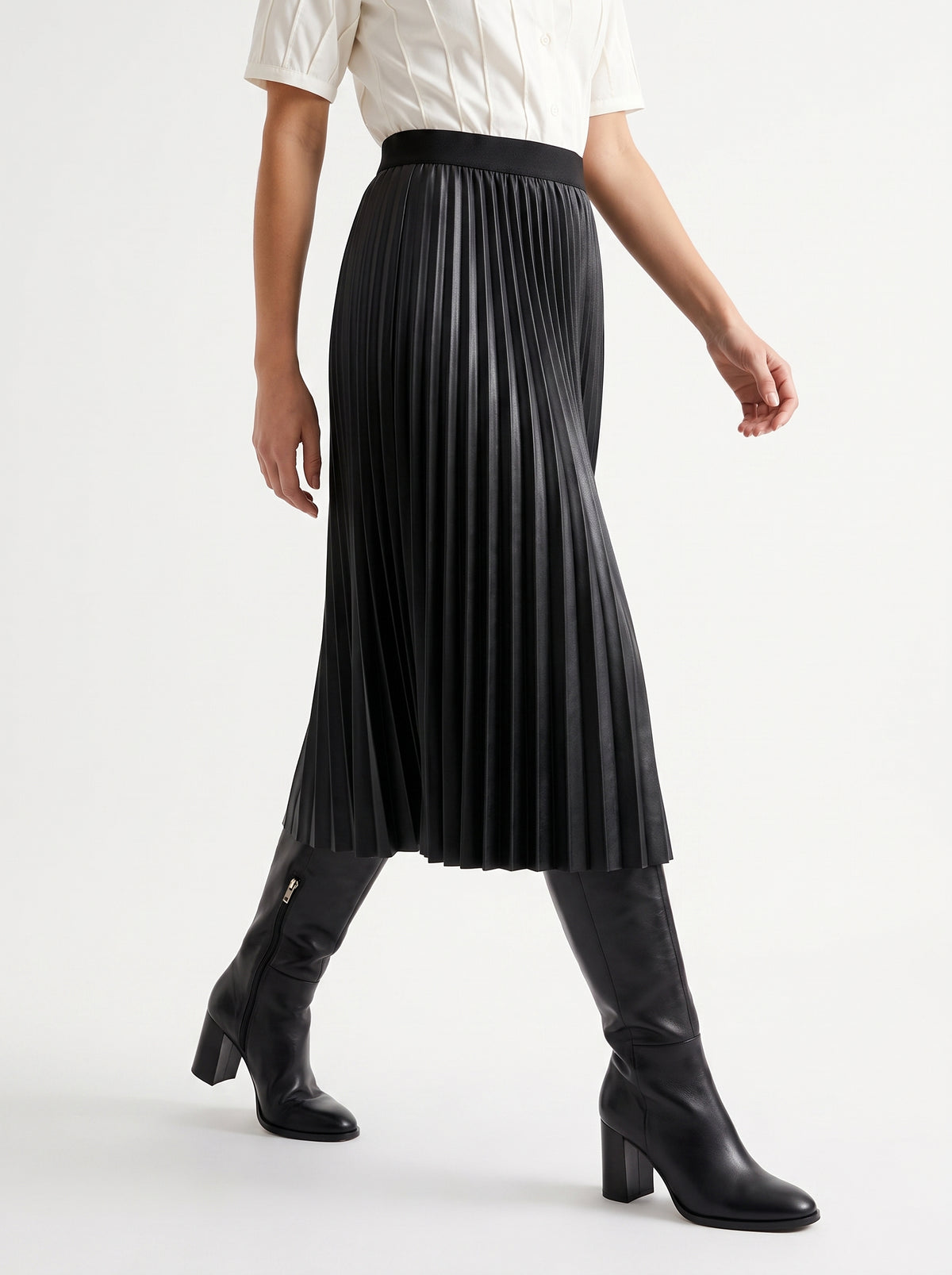 Elastic Waist Faux Leather Pleated Midi Skirt - BLACK