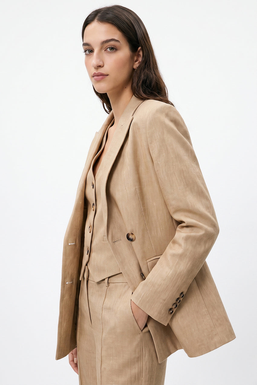 Linen Blend Shoulder-Padded Wrap Jacket - CAMEL