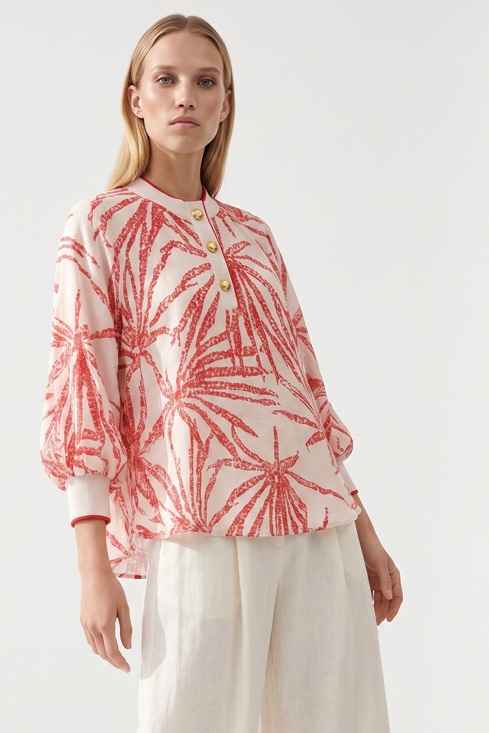 Mandarin Collar Button Detail Printed Blouse - BEIGE RED