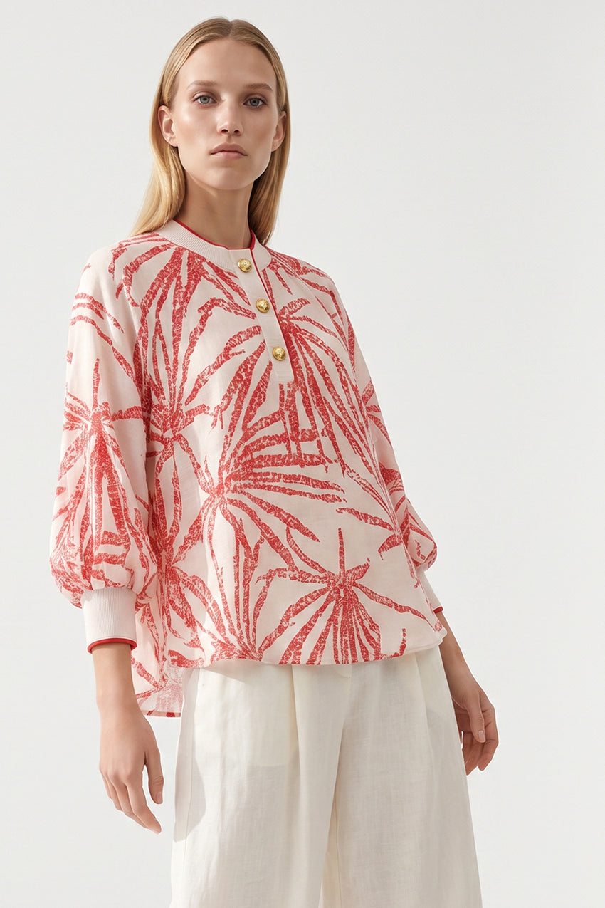 Mandarin Collar Button Detail Printed Blouse - BEIGE RED