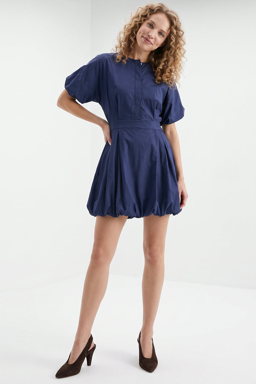 Balloon Sleeve Lined Mini Dress with Elastic Waist - BLUE