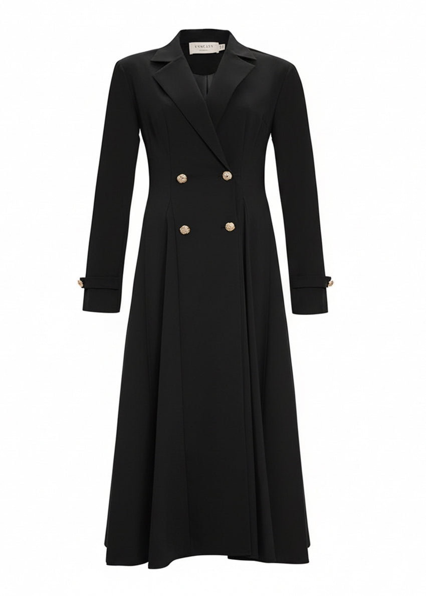Elegant Gold Button Double Breasted Black Midi Blazer Dress
