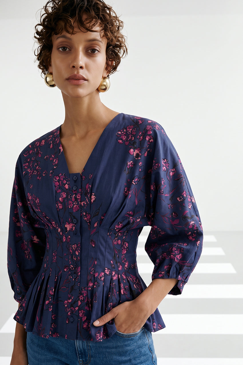 Fitted Pleated Raglan Sleeve Shirt - MULTICOLOR