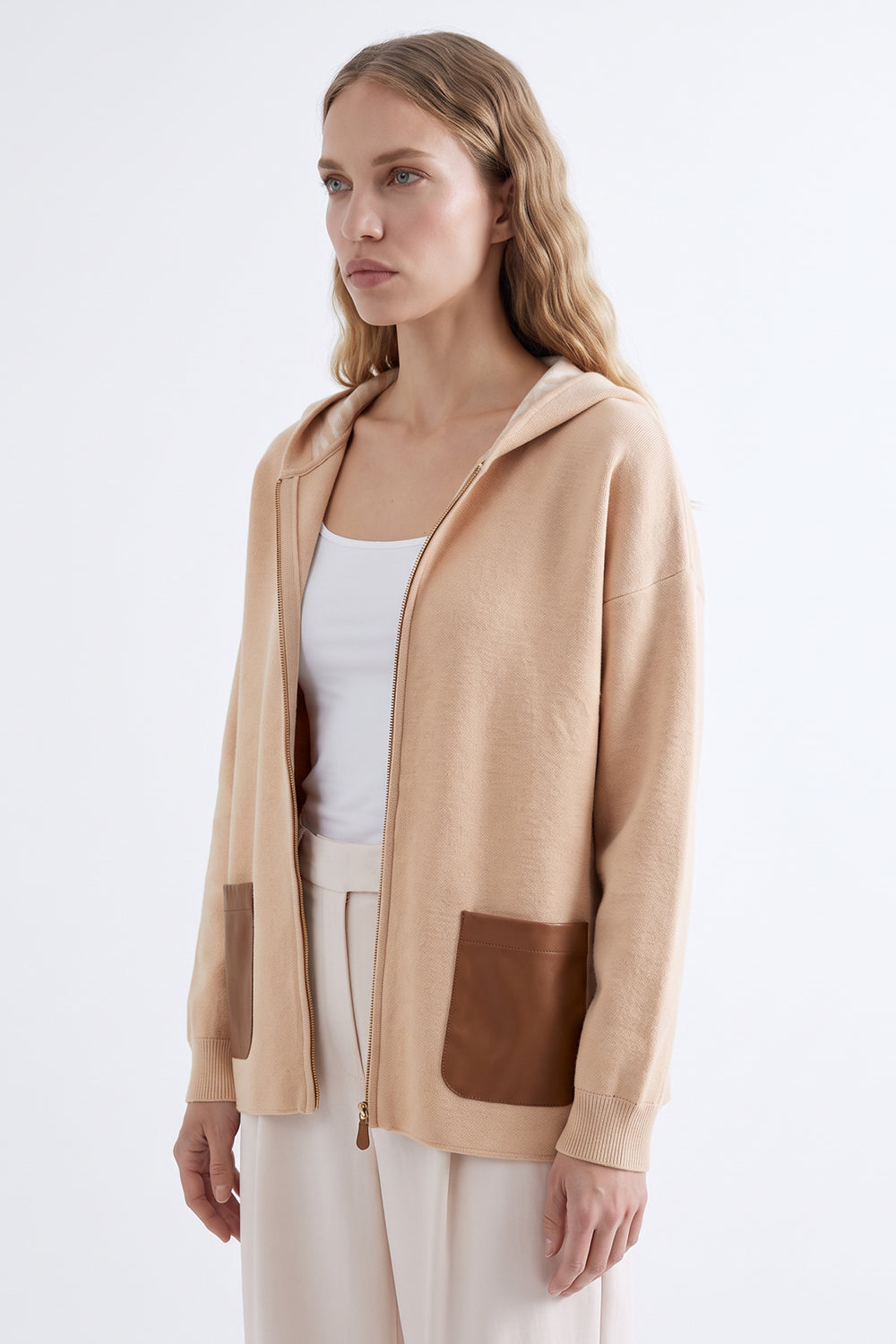 Leather Trim Hooded Knit Cardigan - CAMEL