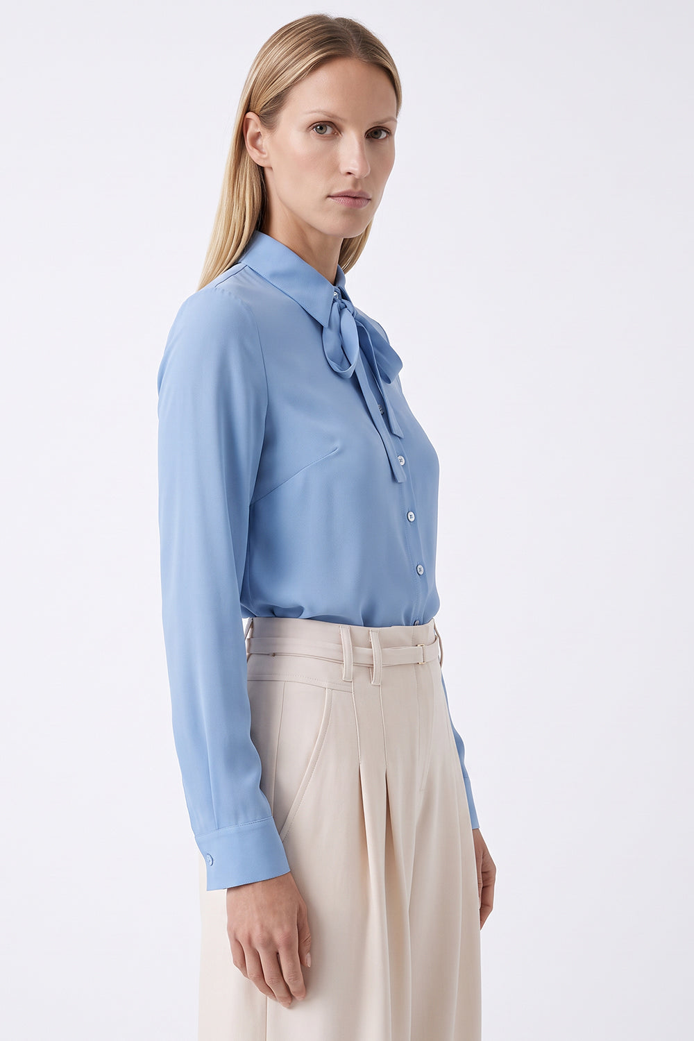 Long Sleeve Tie Neck Shirt with Cuffs - BLUE