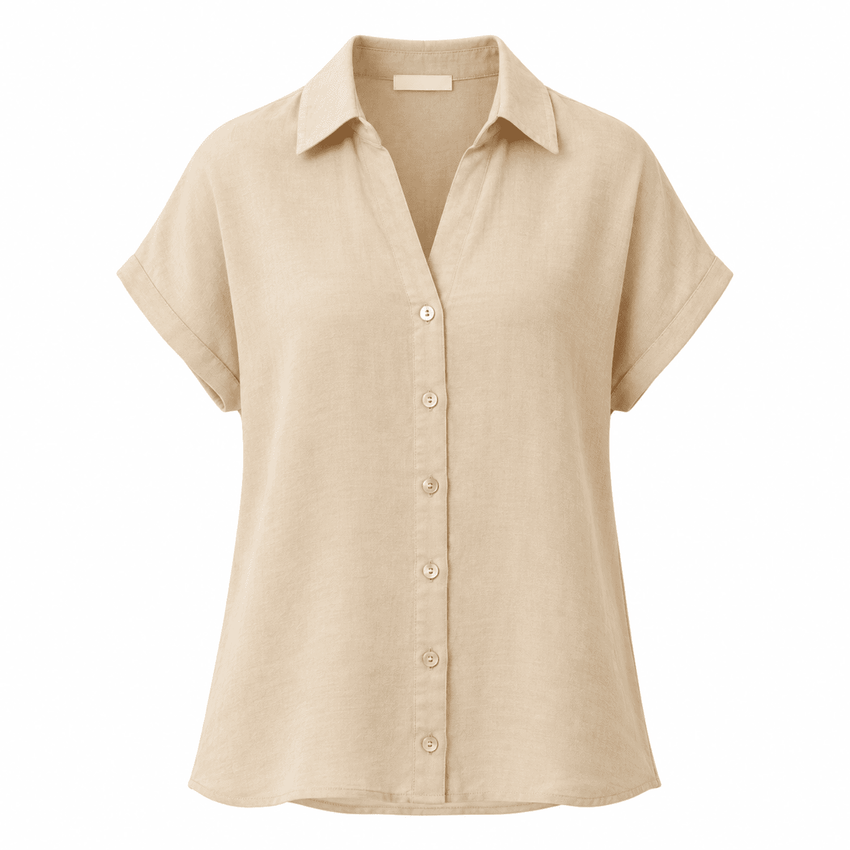 Fortunatus Collared Dropped Sleeve Satin Blouse - BEIGE