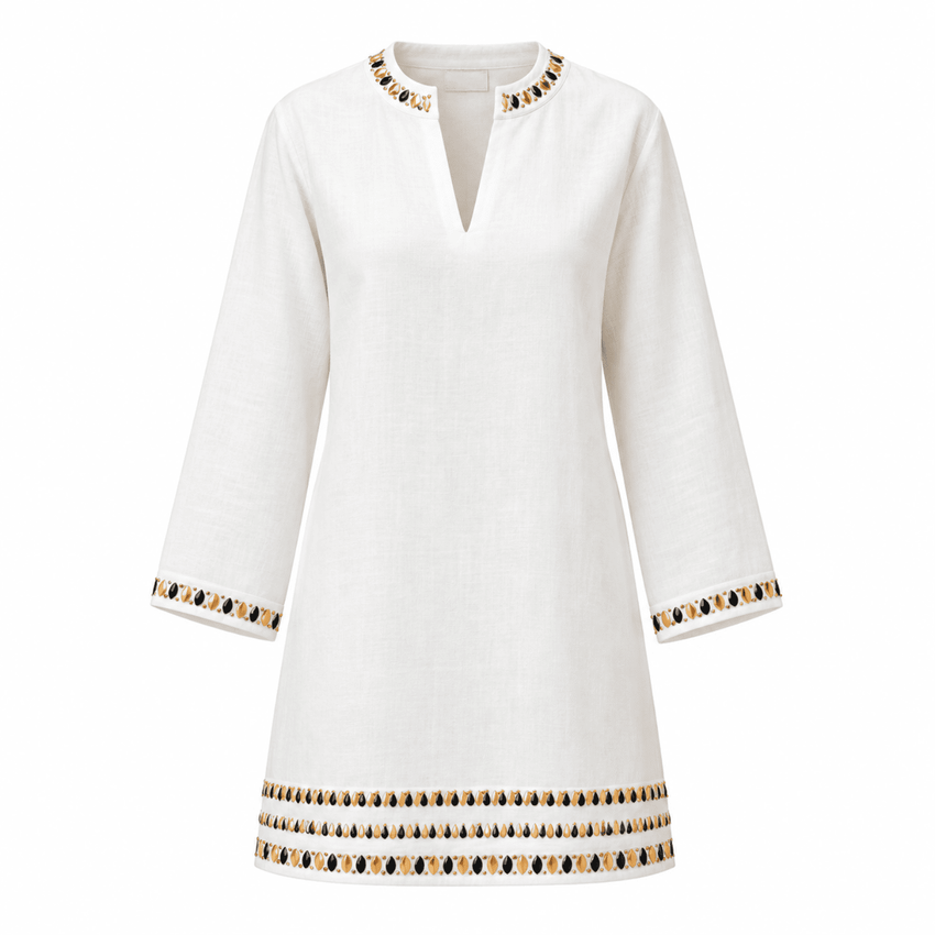 Bernice Tie Neck Long Sleeve Linen Mini Dress - Bone