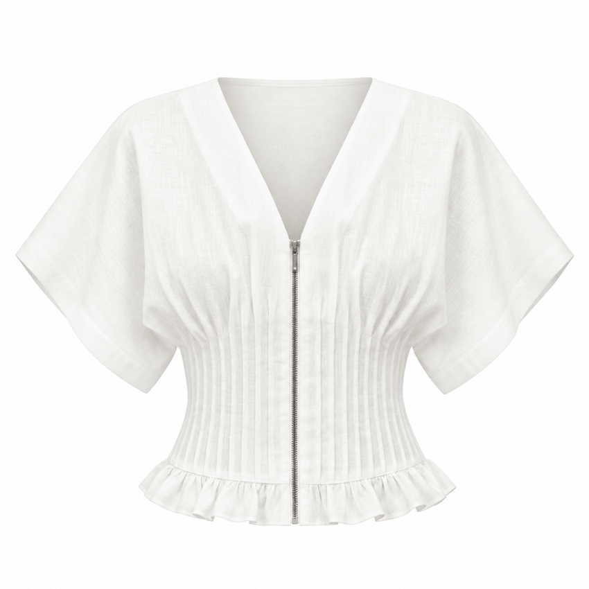Cherelle Pleated Detail Linen Blouse - White