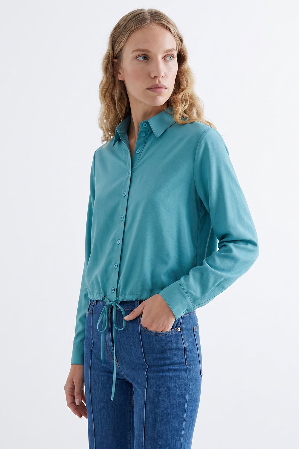 Long Sleeve Shirt with Elastic Waist - BLUE