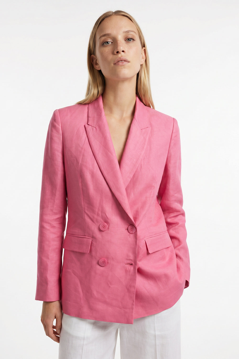 Double Breasted Linen Blazer Jacket - PINK