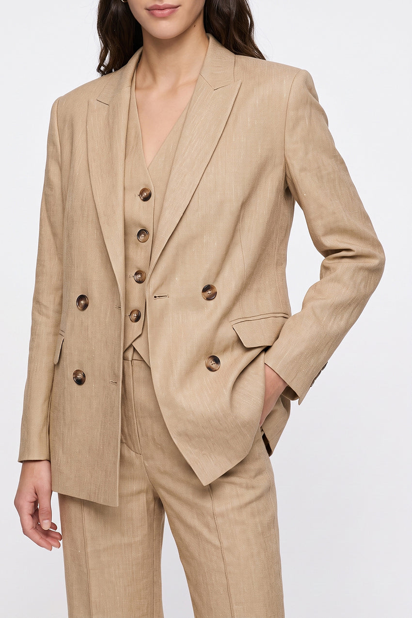 Linen Blend Shoulder-Padded Wrap Jacket - CAMEL