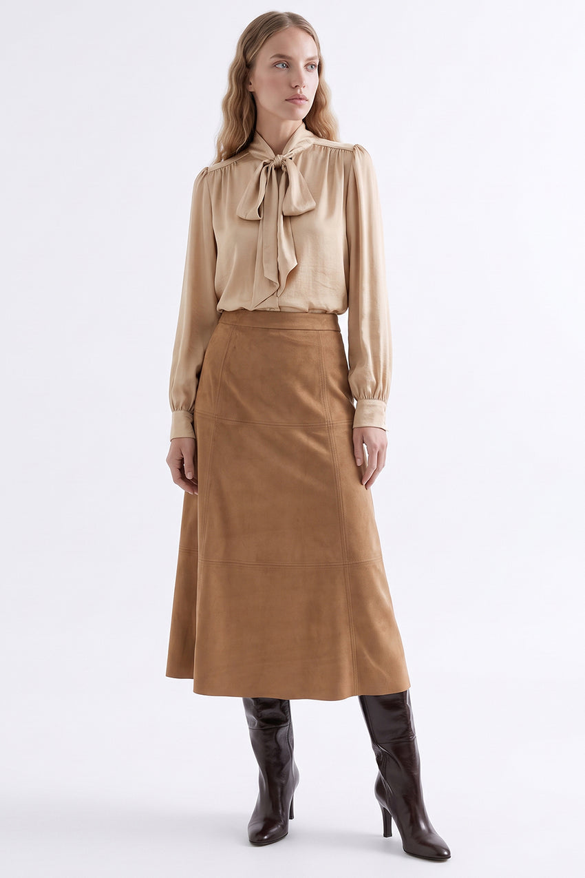 Stitch Detail Suede Midi Skirt with Zipper - CAMEL