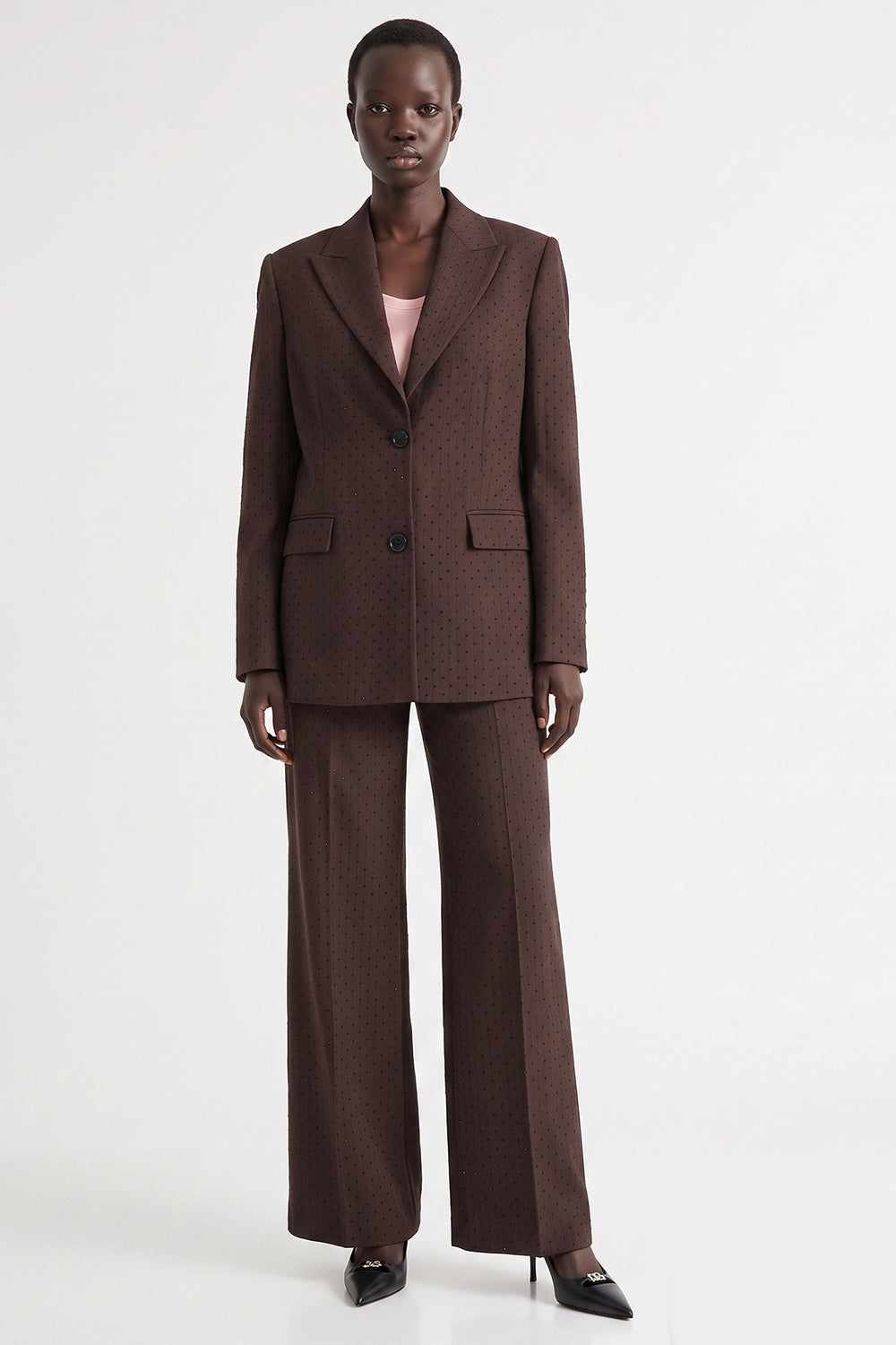 High Waisted Embellished Wide-Leg Trousers - BROWN