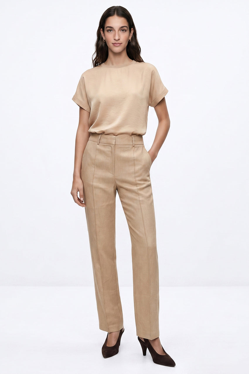 High Waisted Linen Blend Trousers - CAMEL