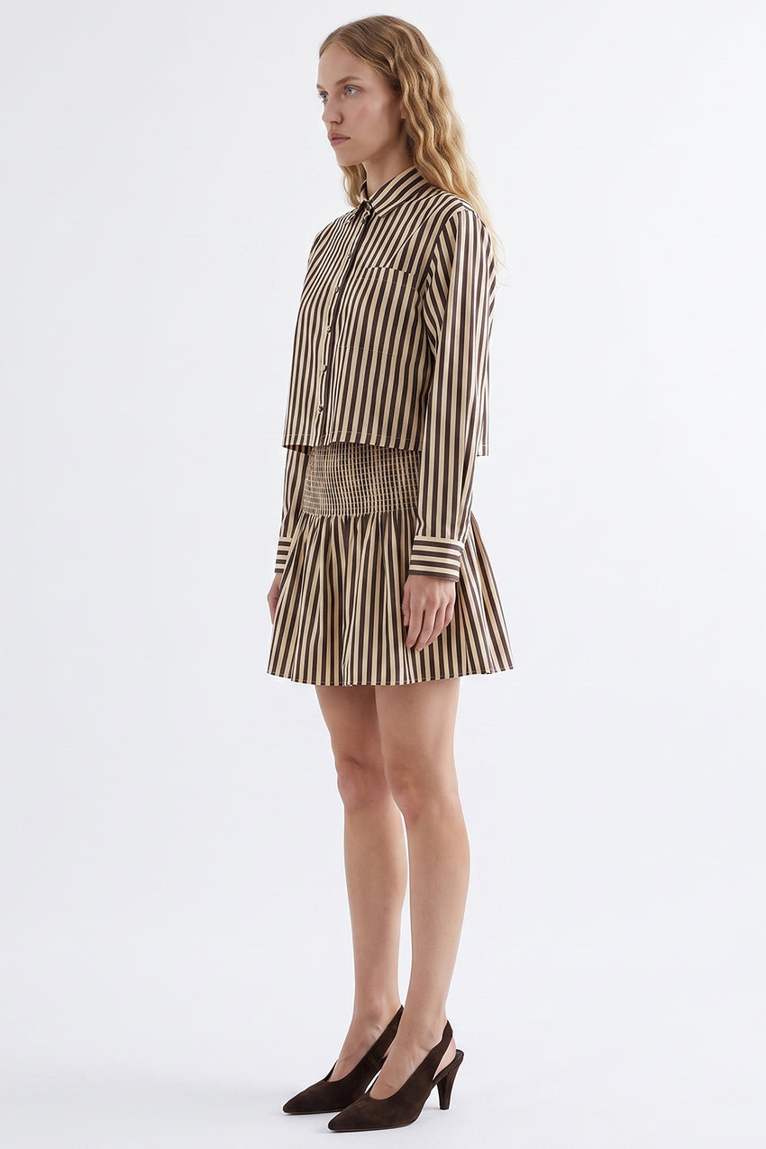 Collared Mini Dress with Shirred Waist - BROWN BEIGE