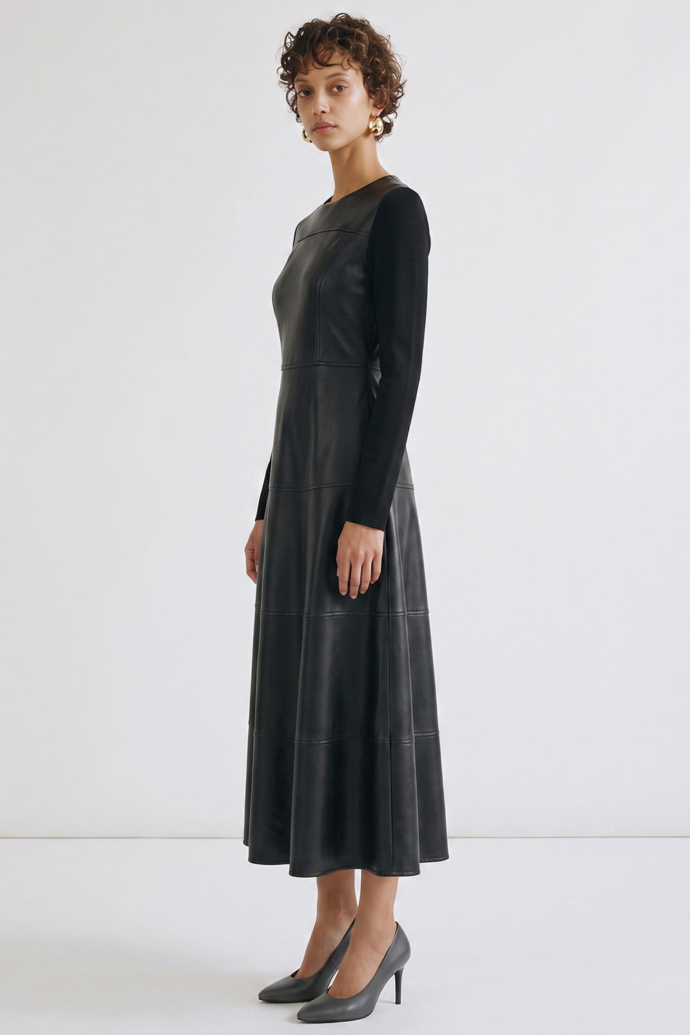 Faux Leather Knit Trim Zip-Up Dress - BLACK