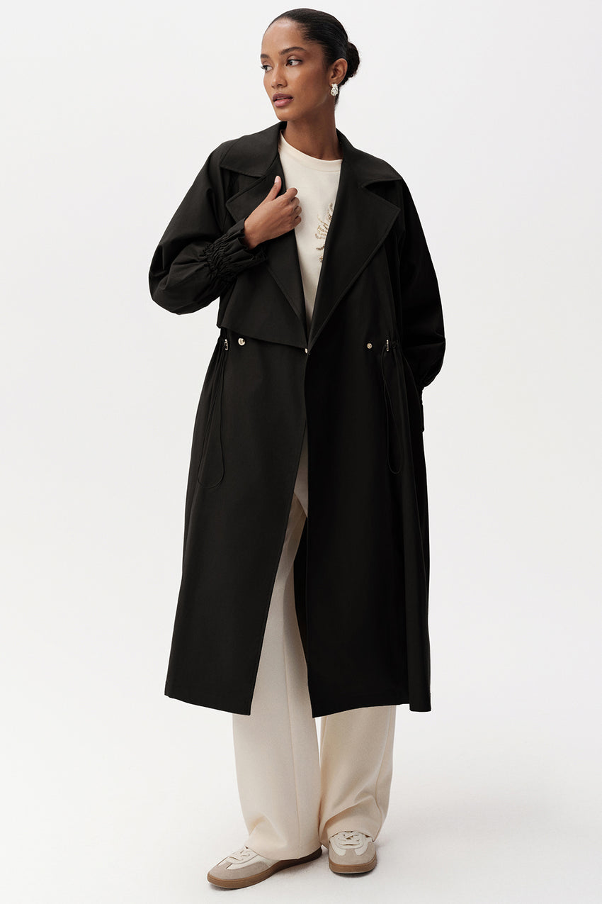 Elegant Belted Midi Black Trenchcoat with Long Sleeves