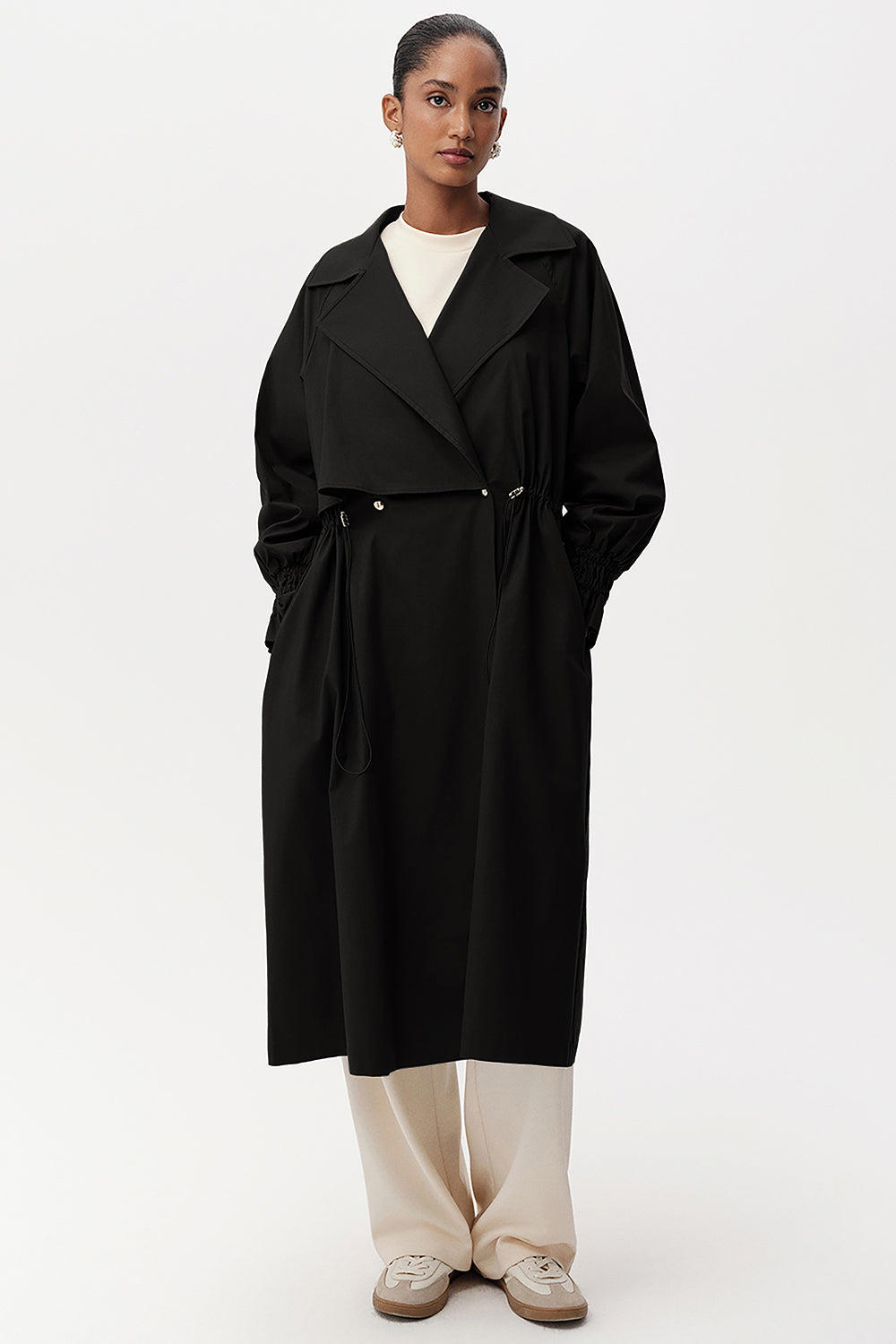 Elegant Belted Midi Black Trenchcoat with Long Sleeves