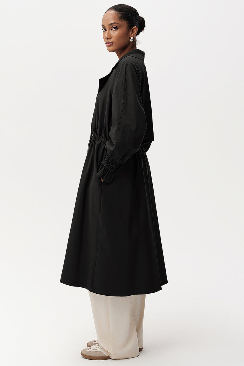 Elegant Belted Midi Black Trenchcoat with Long Sleeves
