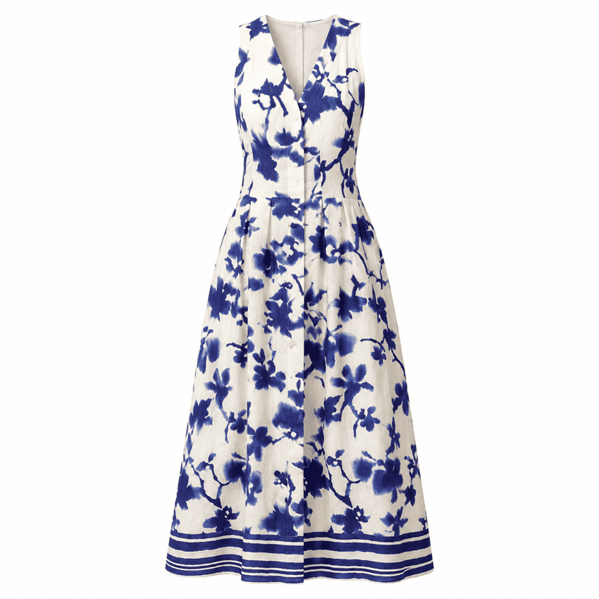Zeta Sleeveless V Neck Midi Dress  - Blue