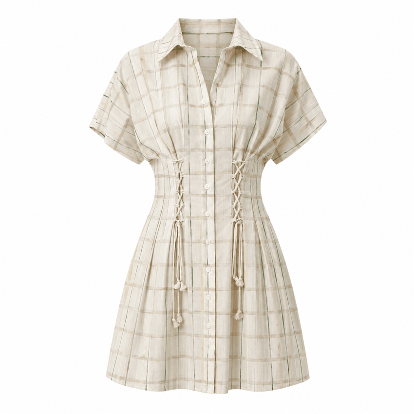 Alberge Short Sleeve Tie Waist Plaid Mini Dress - Multi Color