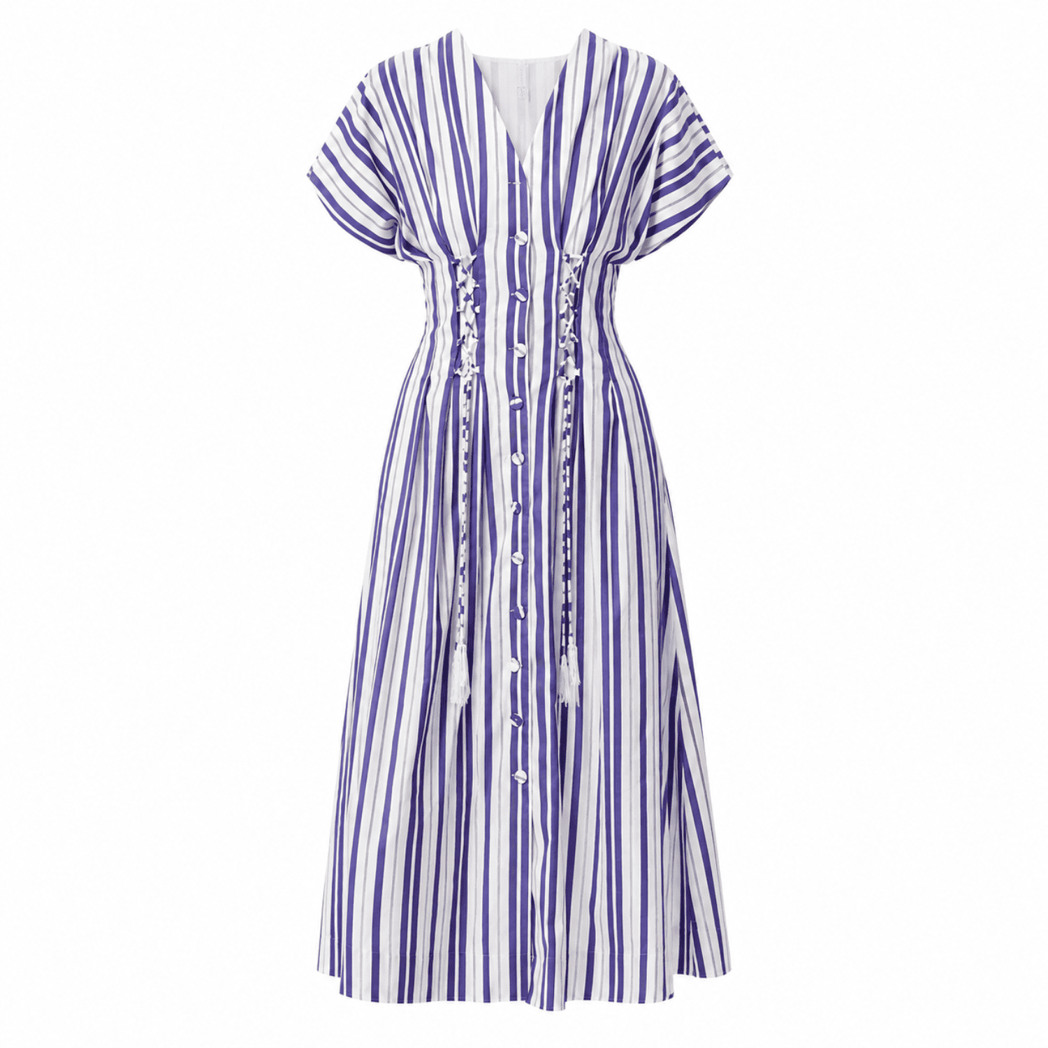 Aldrick V-Neck Belted Striped Midi Dress- Royal Blue