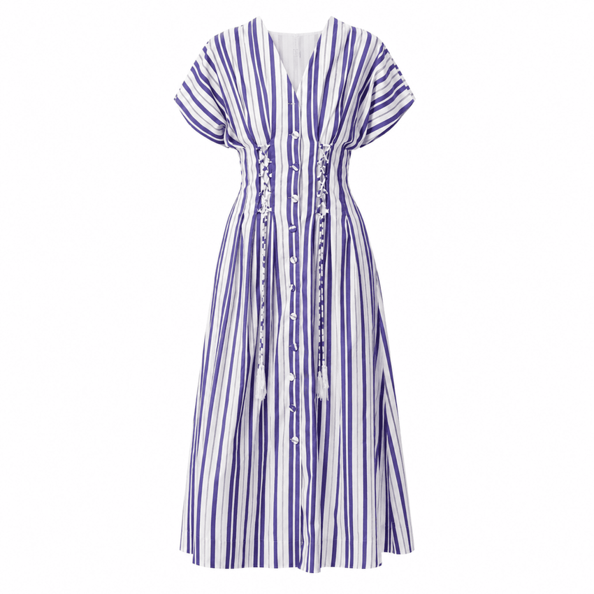 Aldrick V-Neck Belted Striped Midi Dress- Royal Blue