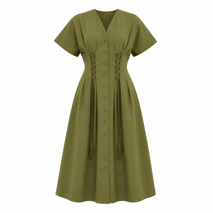 Andree V Neck Tie Waist Pocket Midi Dress - Khaki